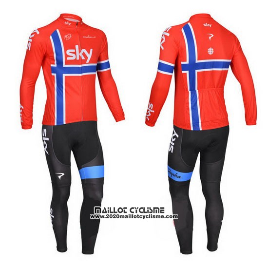 2013 Maillot Ciclismo Sky Champion Norvege Bleu et Rouge Manches Longues et Cuissard